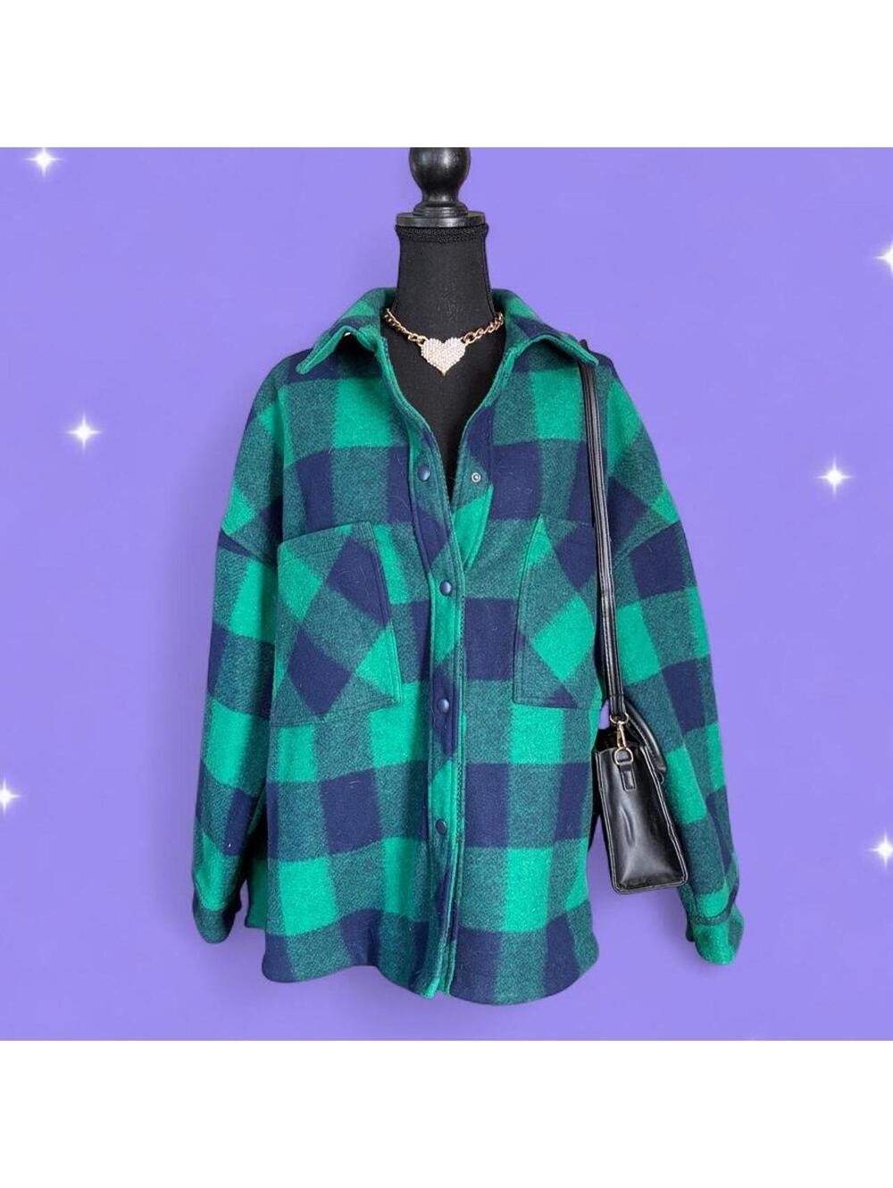 Zara Y2K Oversized Green Navy Plaid Jacket size XL 💚